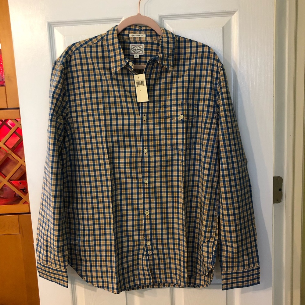 Blue and yellow checker button down shirt